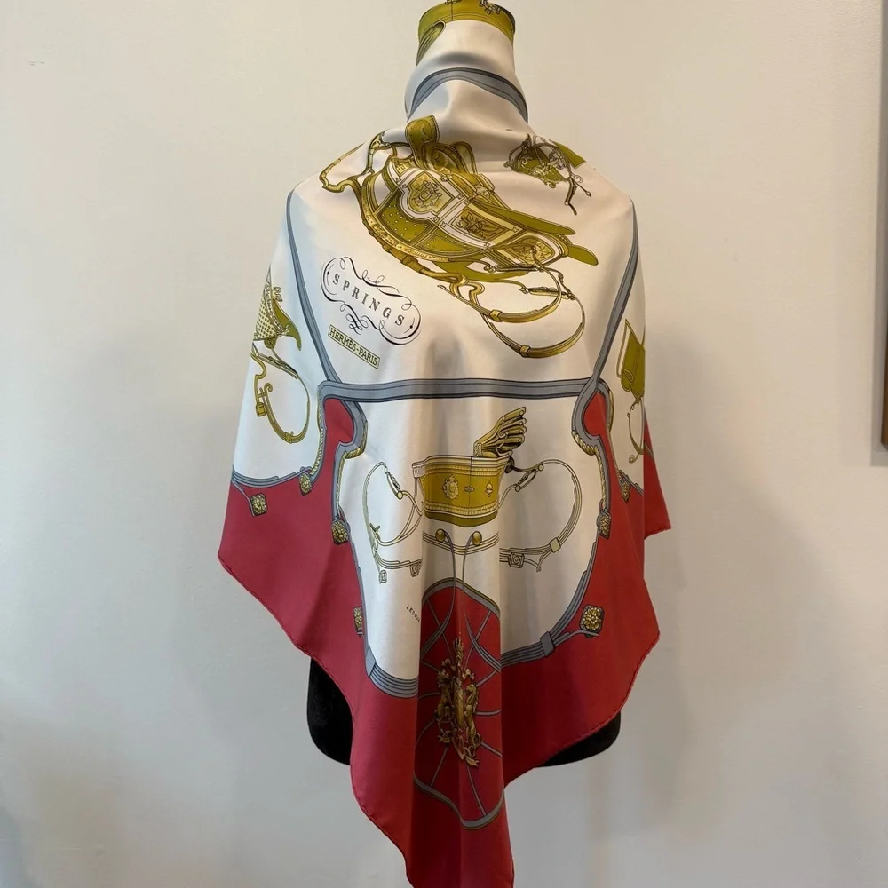 Hermes Silk Scarf 90 Carré Gold Red Equestrian Hand Rolled Made in France